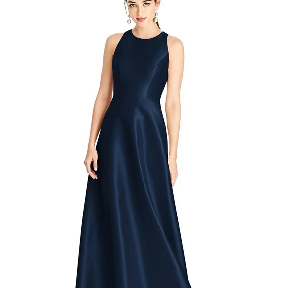 Alfred Sung 746...Sleeveless Open-Back Satin A-Line Dress...Midnight....Size 10 - Picture 1 of 6